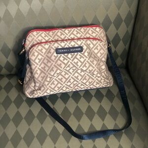 Tommy Hilfiger Beige and Red Patterned Crossbody Bag